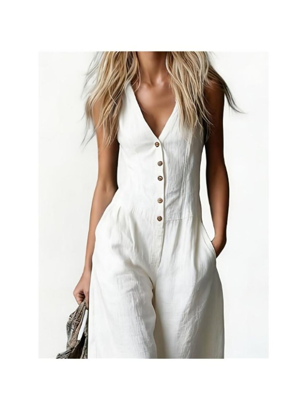 V-Neck Button-Down Wide-Leg Jumpsuit